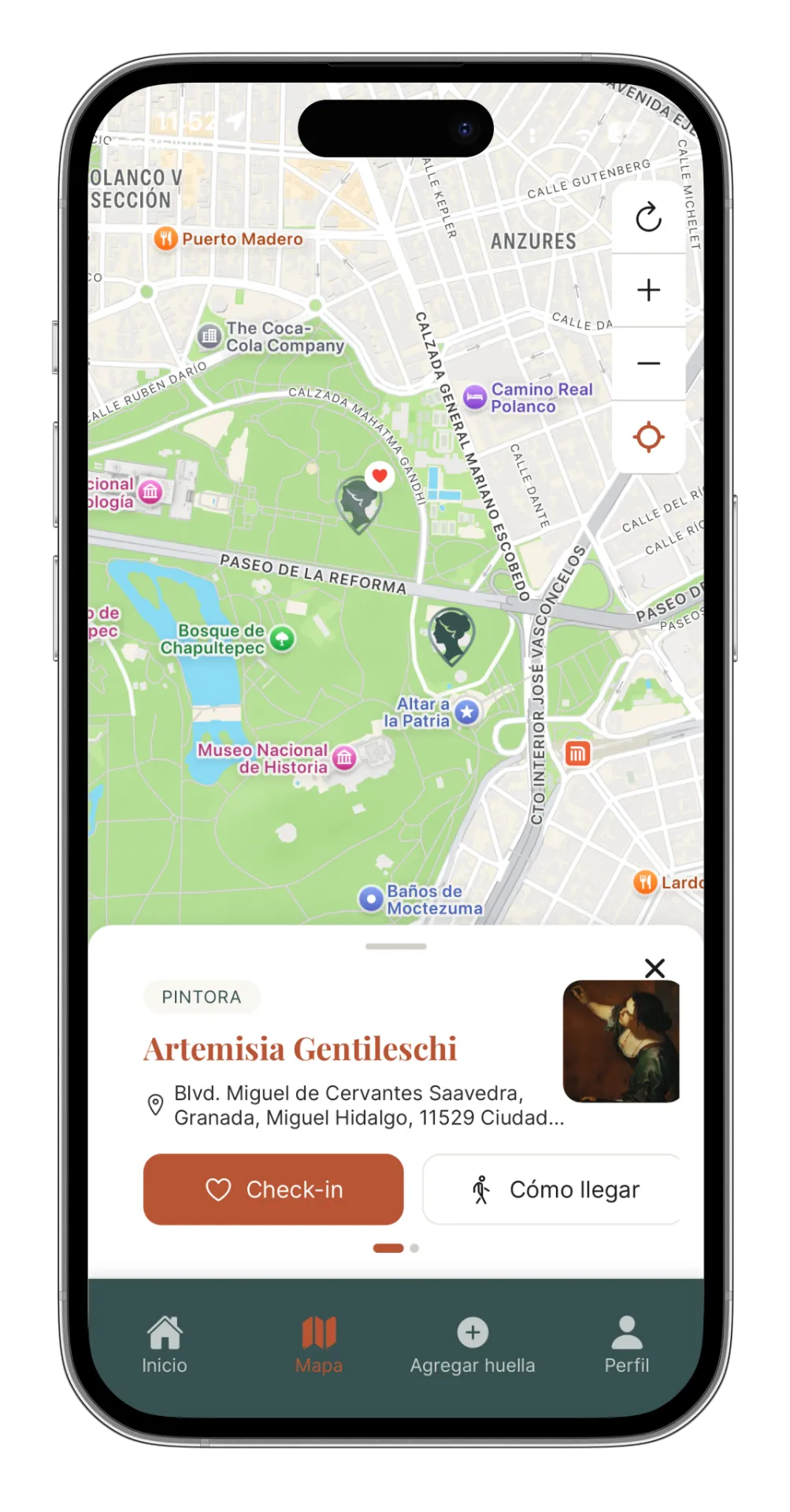 Interfaz de la app Museas mostrando mapa interactivo de arte feminista en CDMX con pines de murales y esculturas de mujeres